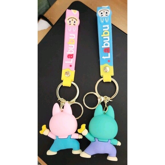 2 LABUBU Monsters Key Chains Anime Accessories - NWOT Pink Aqua Backpack Clip - Picture 2 of 5